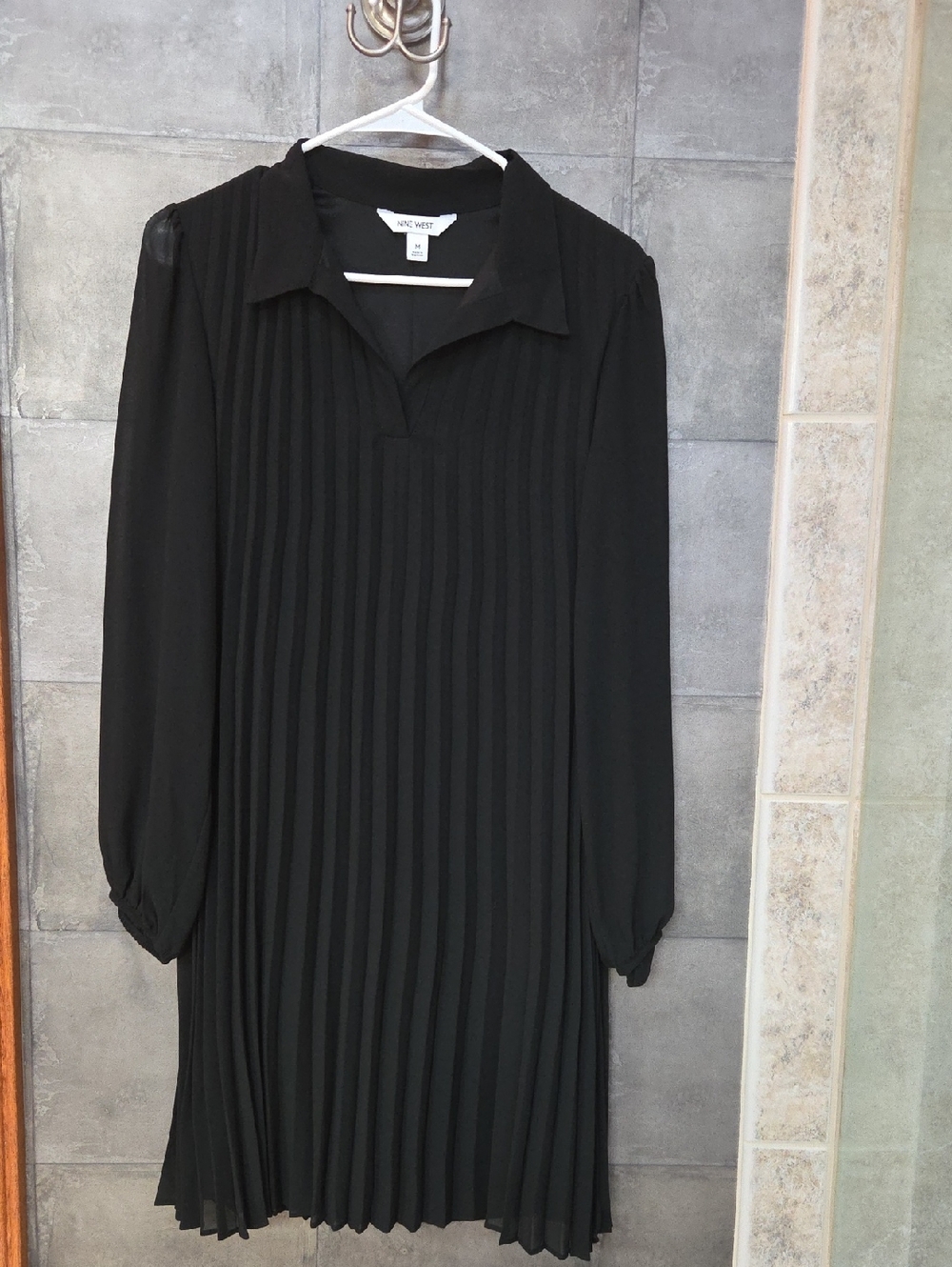 Nine West Black Pleated Long Sleeve Dress with Collar NWT